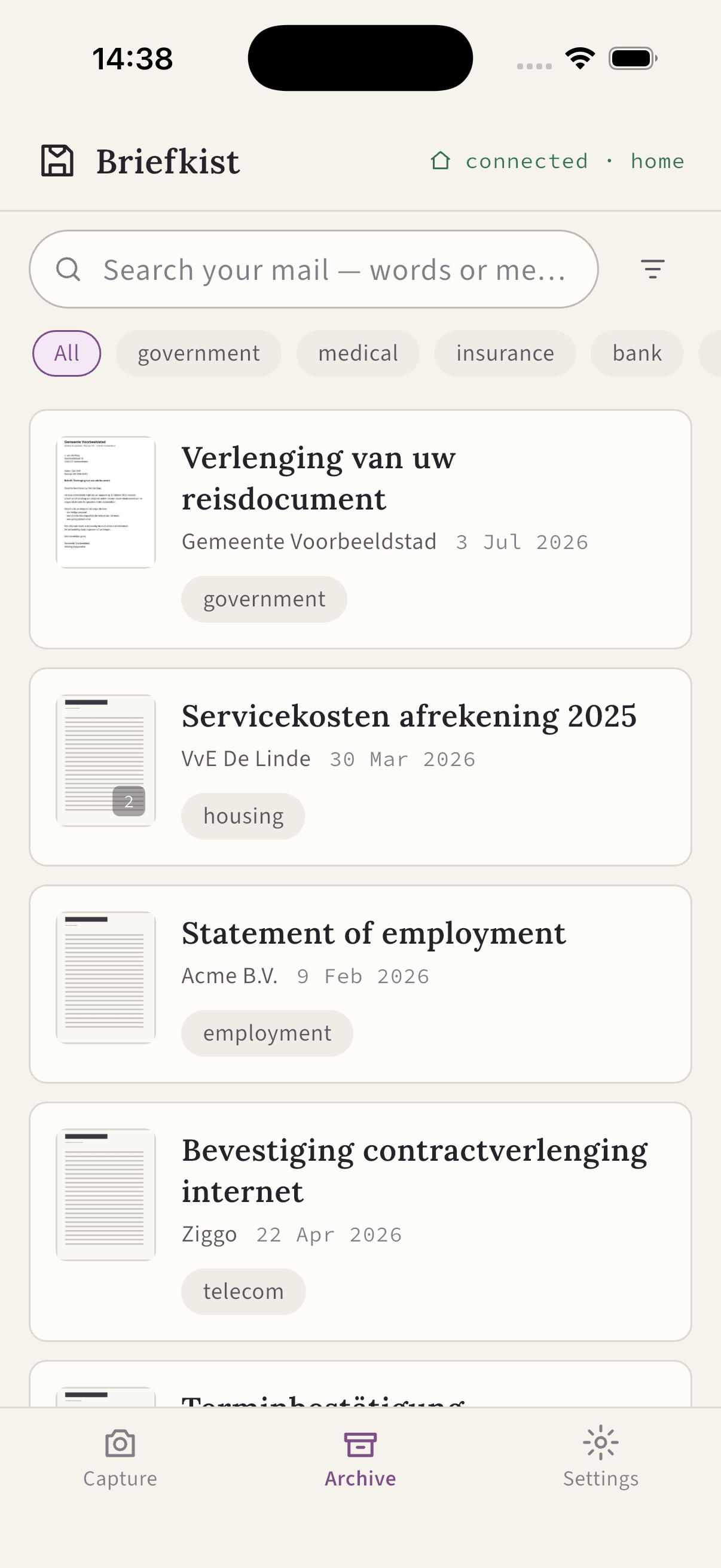 The Briefkist archive on a phone: a searchable list of filed letters with sender, date, category and summary